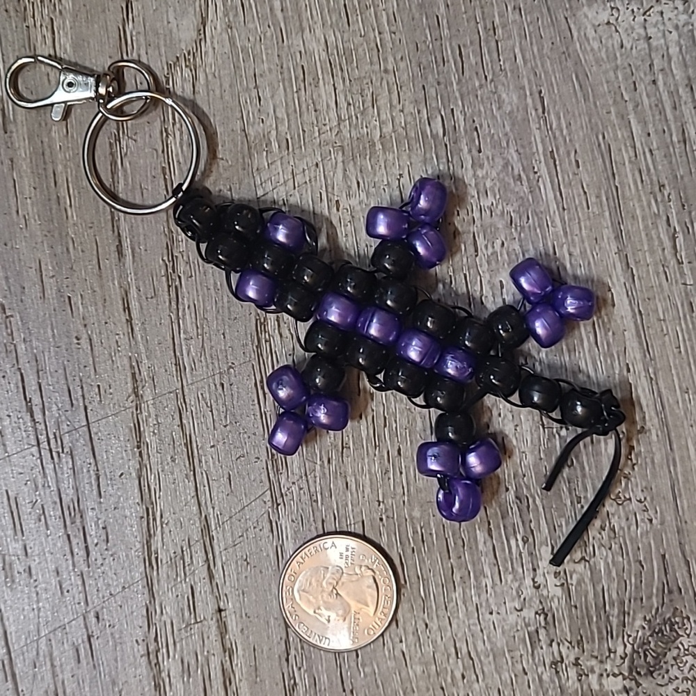 Handmade Ponybead Lizard Keychain Purple And Black